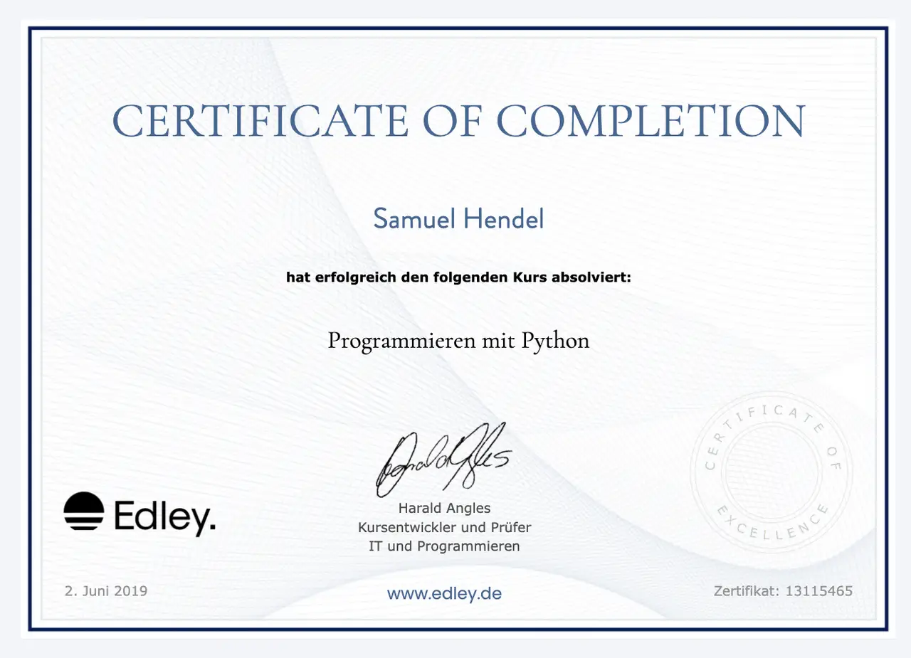 Ein Kurs-Zertifikat von der Edley-Lernplattform.