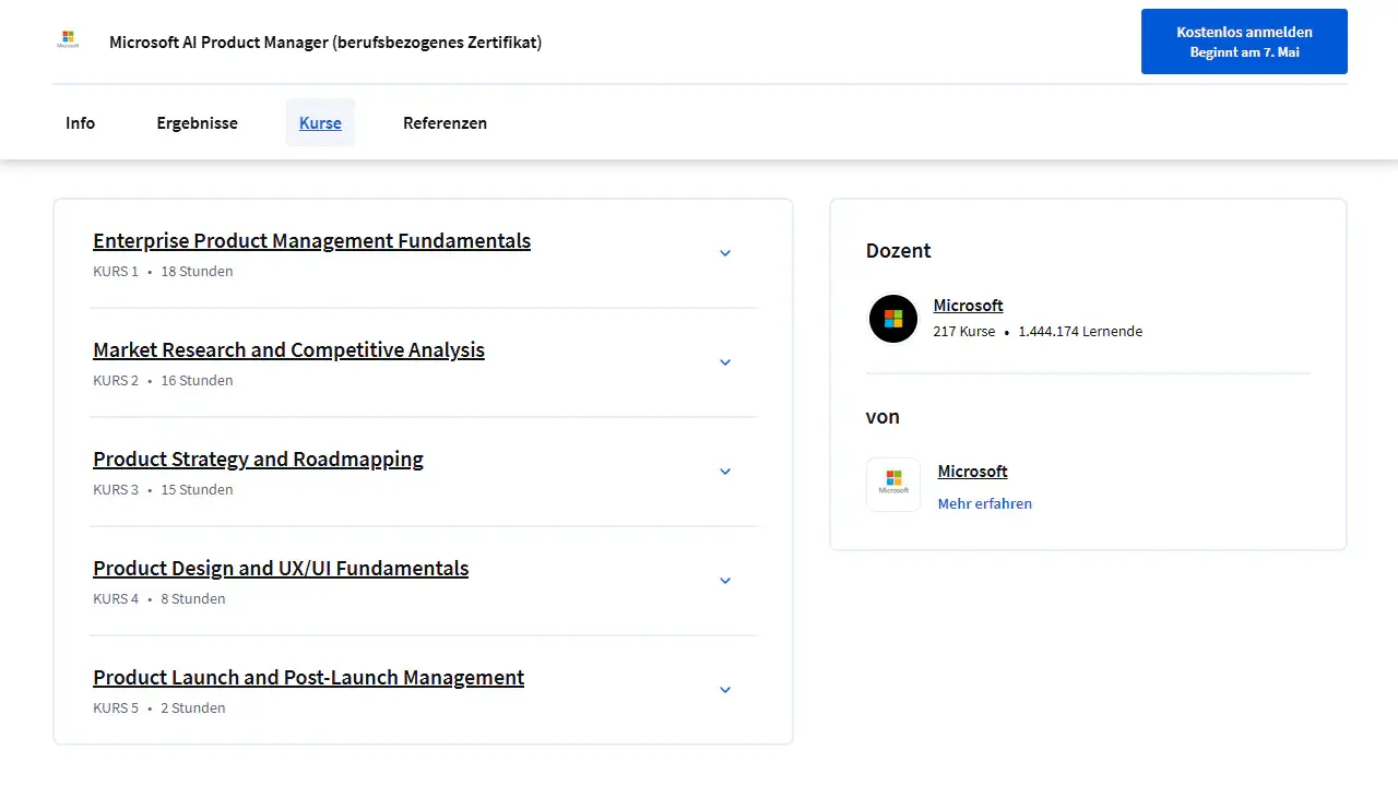 Screenshot mit den enthaltenen Kurs-Modulen.